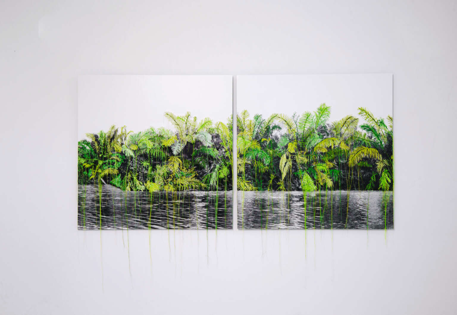 Kwanza, 2022,
Inkjet print on cotton paper and sown silk thread
Exhibition view at Jahmek Contemporary Art, Luanda, Angola